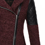 wool blend hooded coat close-up of quilted leather sleeve and angled zipper on burgundy fabric, showing stylish winter craftsmanship