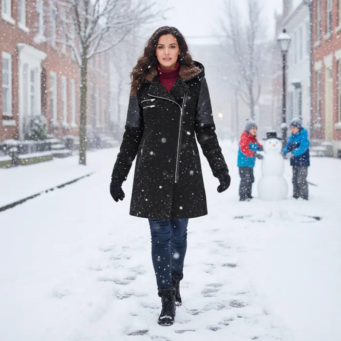 wool blend hooded coat worn outdoors in a snowy city street, featuring quilted sleeves and warm lining for stylish winter comfort