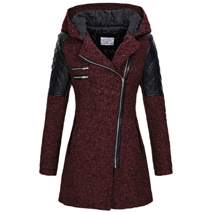 wool blend hooded coat in wine red with quilted sleeves, warm lining, and angled zipper for cozy stylish outerwear in cold seasons