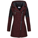 wool blend hooded coat in wine red with quilted sleeves, warm lining, and angled zipper for cozy stylish outerwear in cold seasons