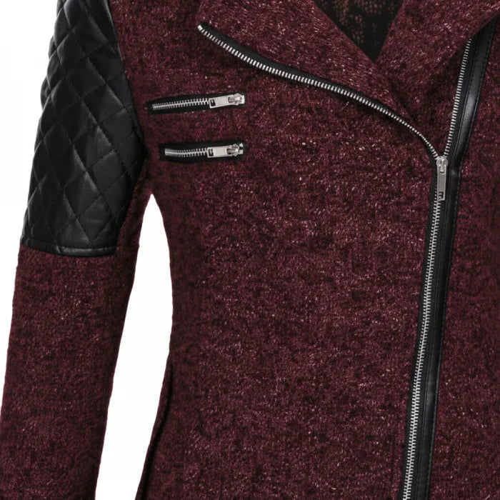 wool blend hooded coat close-up of burgundy fabric with angled zipper and quilted sleeves, highlighting premium winter design