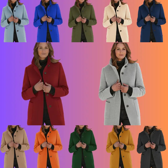 Wool pea coat displayed in multiple colors on a gradient background in a product collage.