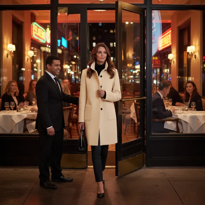 Woman in a cream wool pea coat leaving a restaurant at night with people dining inside.