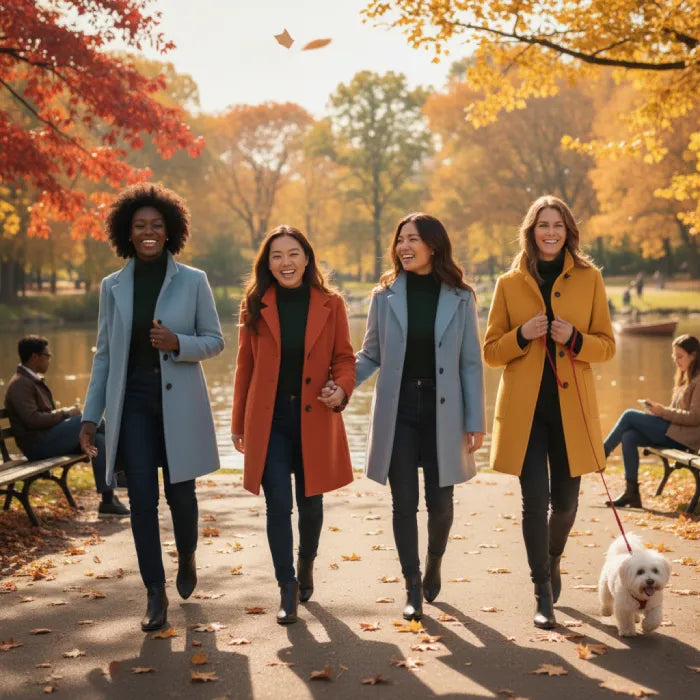 Group of women wearing wool pea coats walking together in an autumn park with a dog.