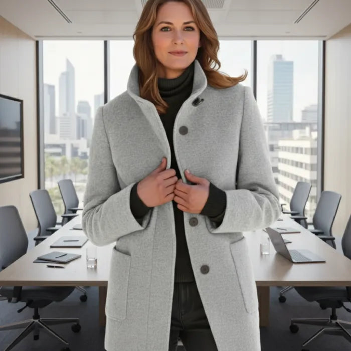 Woman wearing a light gray wool pea coat standing in a modern office meeting room.