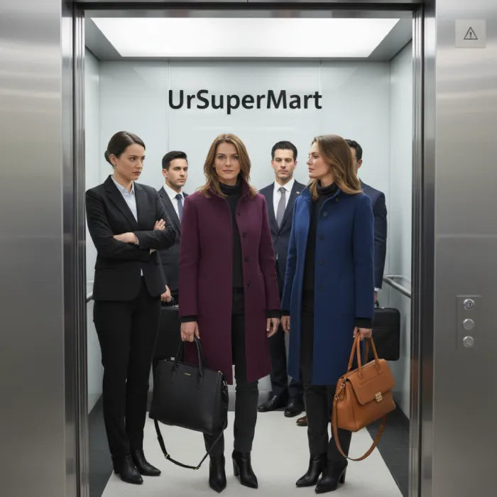 Women wearing plum and navy wool pea coats standing in a modern elevator with colleagues.