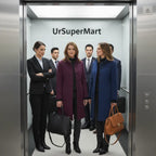 Women wearing plum and navy wool pea coats standing in a modern elevator with colleagues.