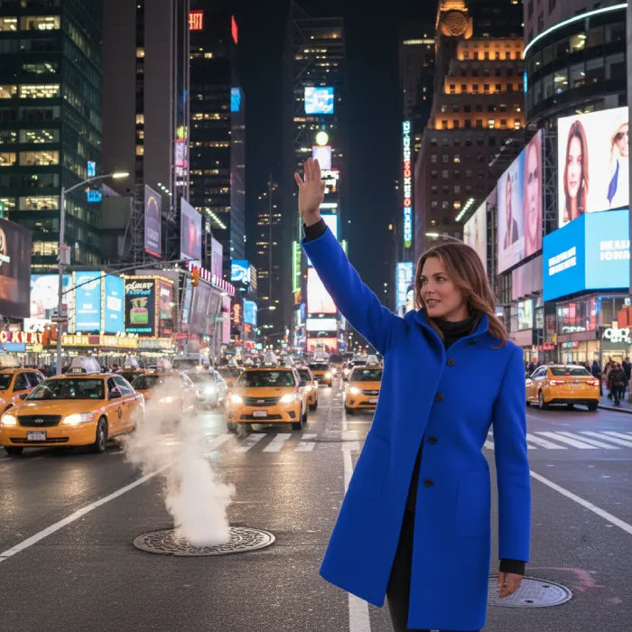 Woman in a royal blue wool pea coat hailing a cab in a busy city at night.