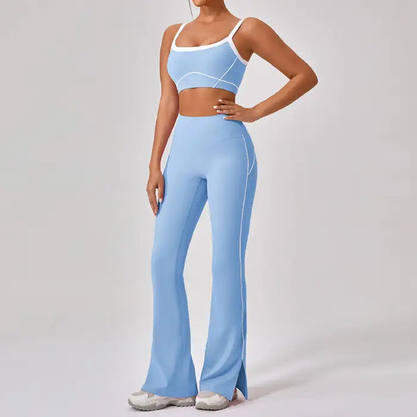 Workout clothes women in light blue featuring square neck sports bra and high-waisted flared pants with white trim and side slits