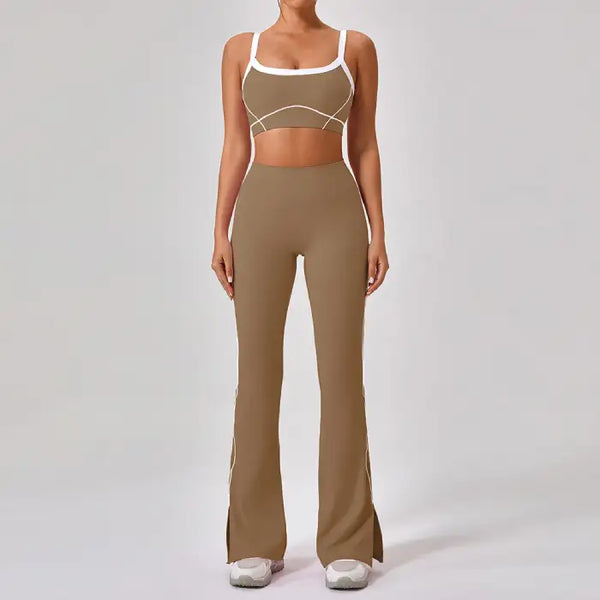 Workout clothes women in tan brown featuring scoop neck sports bra and high-waisted flared pants with white contour piping detail