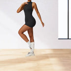 workout romper in classic black featuring sleek fitted silhouette with mock neck design ideal for high-intensity training