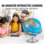World Globe with AR app and family learning together in kitchen using digital tablet for education.