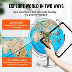 World Globe with augmented reality app showing 3D animals for educational and visual learning experience.