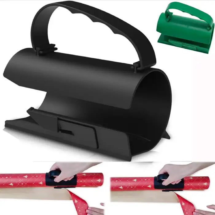 Wrapping paper cutter in use cutting red paper roll, also shown in green and black colors.