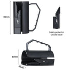 Wrapping paper cutter dimensions shown with focus on handle, safety blade, and side profile view.
