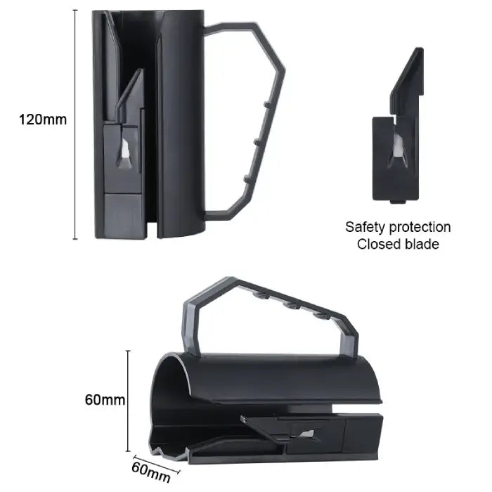 Wrapping paper cutter dimensions shown with focus on handle, safety blade, and side profile view.
