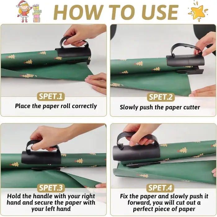 Wrapping paper cutter step-by-step use guide for cutting wrapping paper with precision.