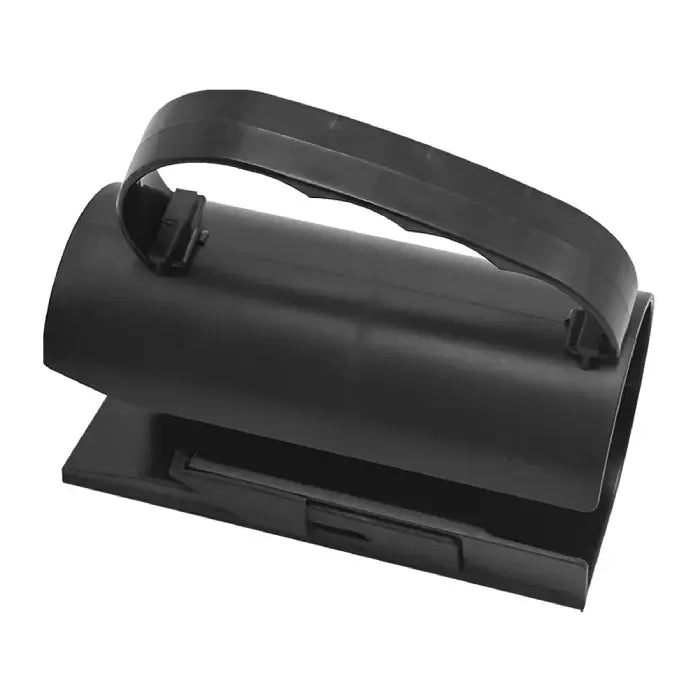 Wrapping paper cutter shown from top view with black rounded handle and simple cutting base.
