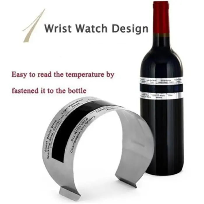 Wristwatch-style stainless steel wine thermometer clipped to a wine bottle, showcasing easy-to-read temperature labels.