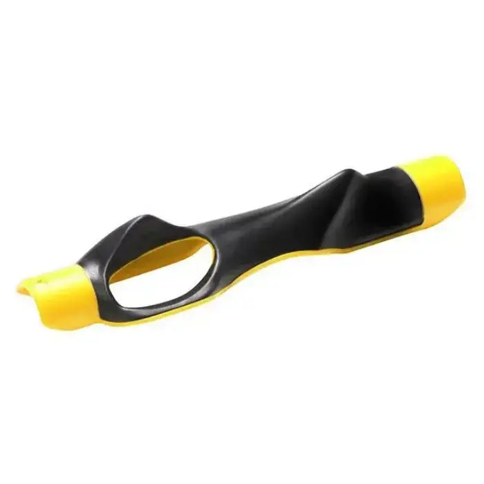 Product shot of black and yellow ergonomic golf grip with curved design and finger hole on white background