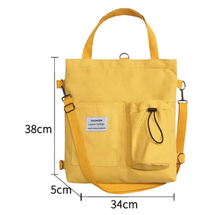 Yellow canvas tote bag showing 38cm height and 34cm width measurements