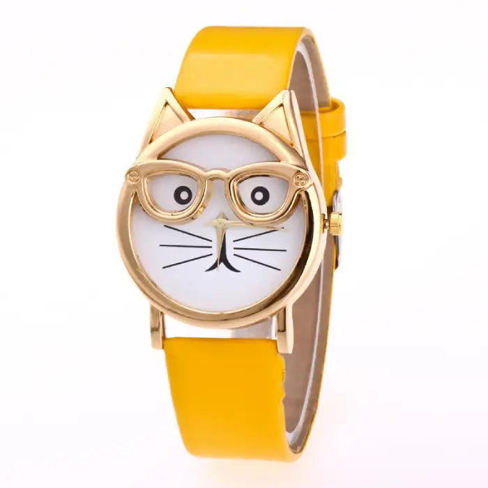 Bright yellow wristwatch with a fun cat-ear design and a white dial showcasing a playful cat face pattern.