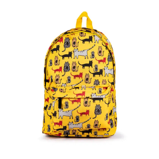 Front view of a yellow backpack with colorful cat pattern, perfect for school or casual use.