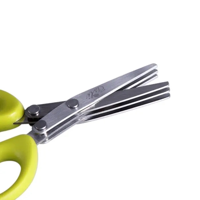 Yellow-handled multi-blade herb scissors shown close-up on a white background with visible blade details.