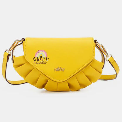  Trendy yellow pleated crossbody bag with happy rainbow design, gold hardware and adjustable strap for everyday fashion