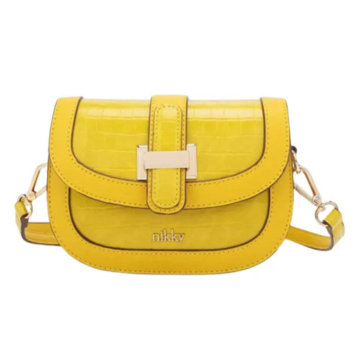 Bright yellow croc-embossed leather saddle bag with gold hardware and signature Nikky branding