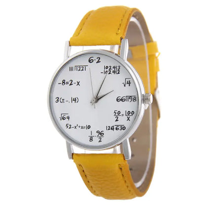 Bright wristwatch with yellow strap and white dial featuring creative mathematical equations design.