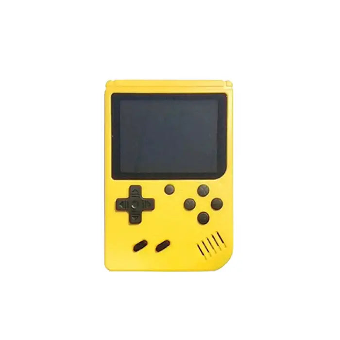 Yellow handheld gaming device with traditional control layout and screen