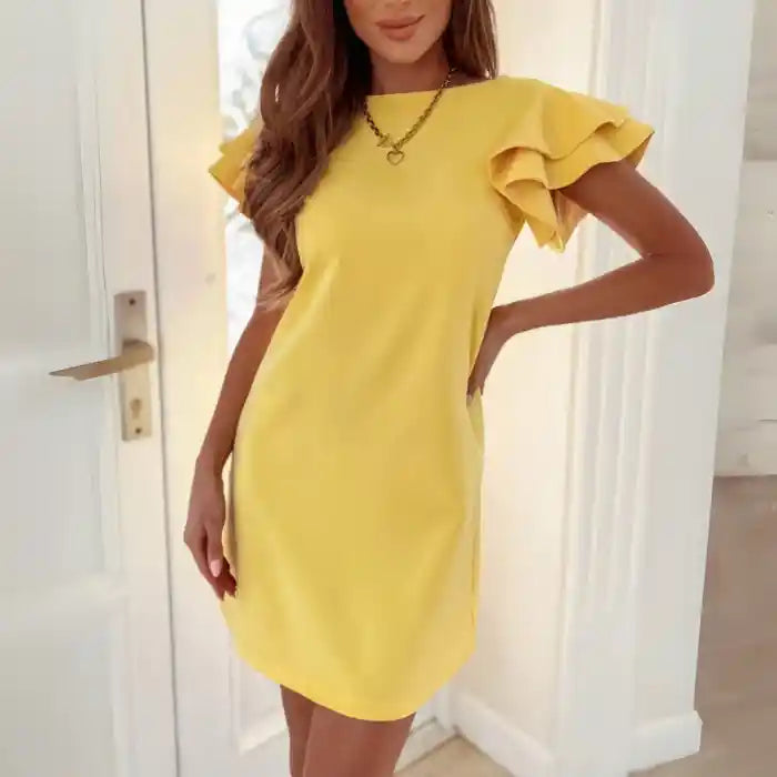Yellow ruffle sleeve shift dress front view with flutter sleeves and sunny vibrant tone.