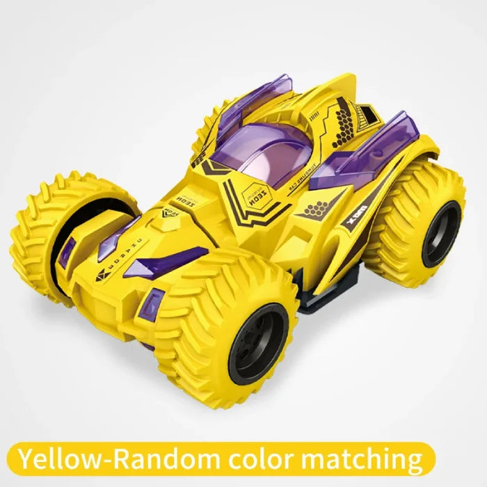 Yellow off-road stunt car with large textured tires, purple details, and a streamlined design on a white background.