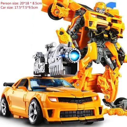 Bumble Bee yellow transforming robot with a large gun attachment, posed next to its car mode resembling a sports car.