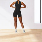 yoga bodysuit in classic black with front zipper and mock neck design offering streamlined performance for active practice