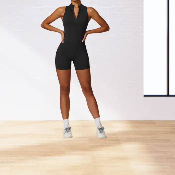 yoga bodysuit in classic black with front zipper and mock neck design offering streamlined performance for active practice