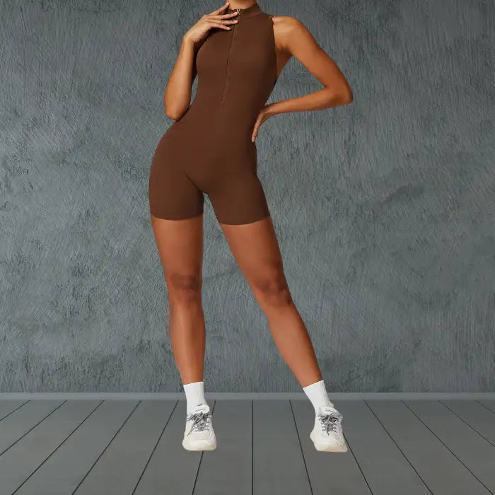 yoga bodysuit in rich brown with mock neck and zip closure offering sleek athletic compression for movement-based practices
