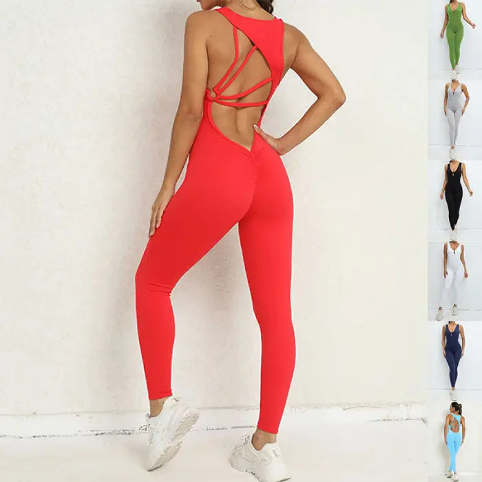  Yoga jumpsuit in bold red with open crisscross back design, ideal for fitness or athleisure wear.
