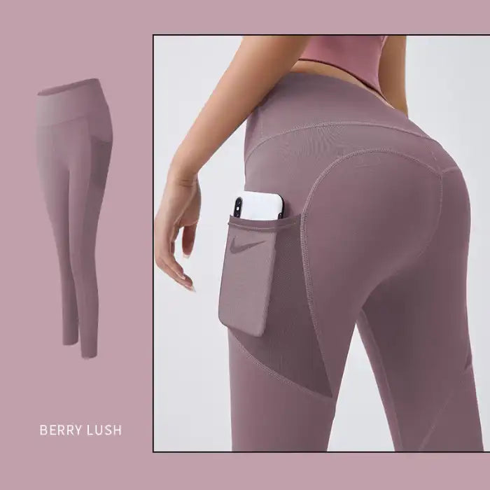 Yoga Legging with Pocket in berry lush shade with flexible fabric and side phone pocket.