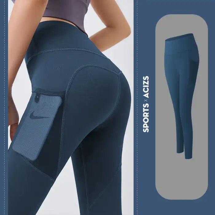Yoga Legging with Pocket in navy blue with breathable mesh side panel and snug high-waist fit.