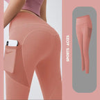 Yoga Legging with Pocket in peach color featuring phone pocket and sculpted seam detailing.