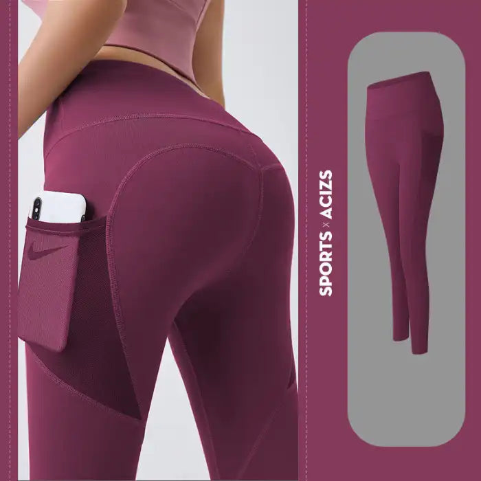 Yoga Legging with Pocket in plum tone with high-rise waistband and phone pocket for exercise.