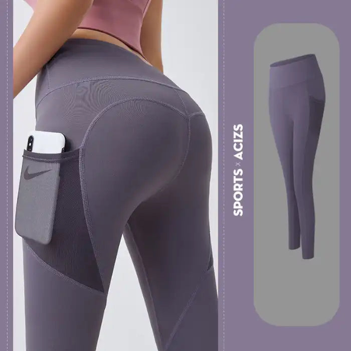 Yoga Legging with Pocket in purple with contour stitching and secure high-waist design.