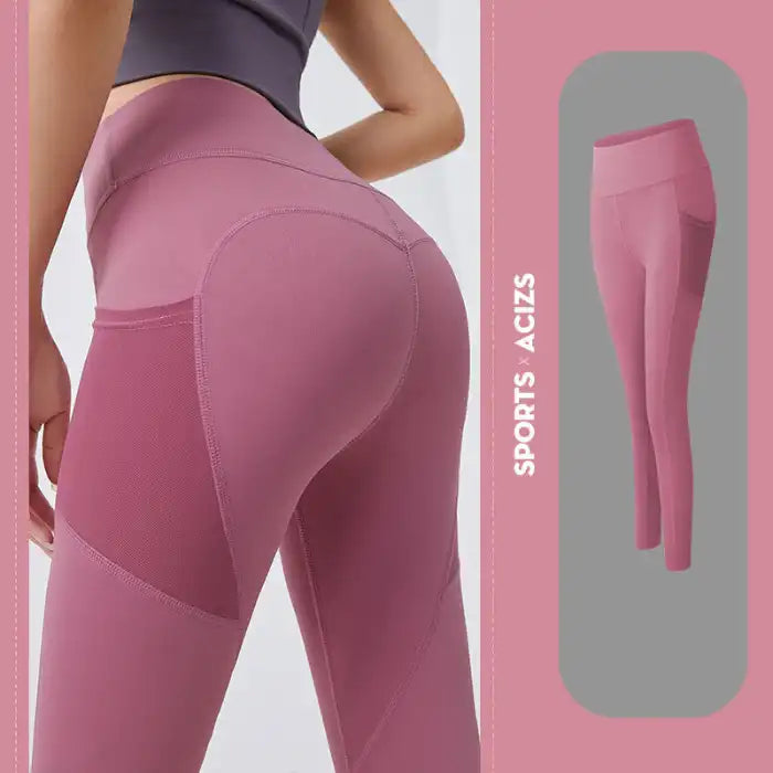 Yoga Legging with Pocket in rose pink with mesh panels and high-waist design for workouts.