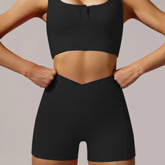Yoga shorts set in black with ribbed finish and V-shape waistband for flattering support.