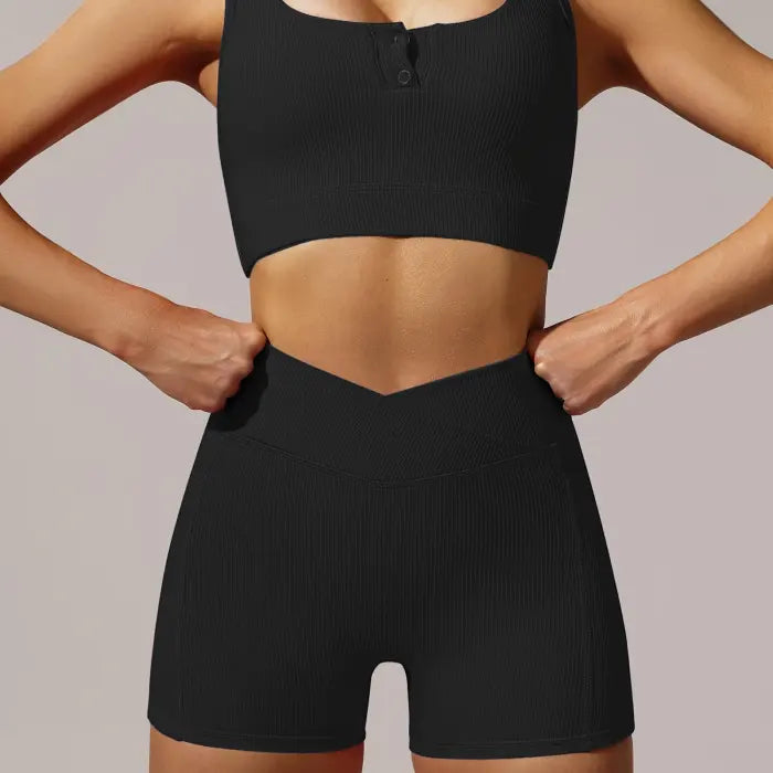 Yoga shorts set in black with ribbed finish and V-shape waistband for flattering support.