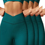 Yoga shorts set four-pack in deep green color with V-waistband and ribbed texture design.
