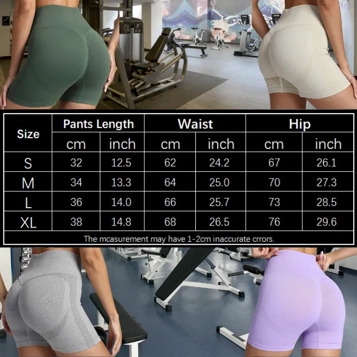 Yoga shorts women size chart with pant length, waist, and hip measurements in cm and inches for S-XL.