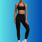 Yoga Workout Set in black with halter sports bra and ankle-length leggings viewed from the front.